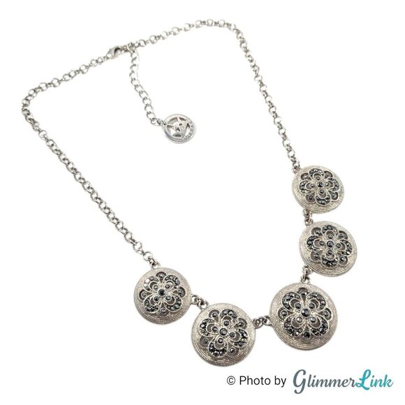 Trifari Floral Ornate Faux Marcasite Circles Silver Tone Necklace - Picture 8 of 13
